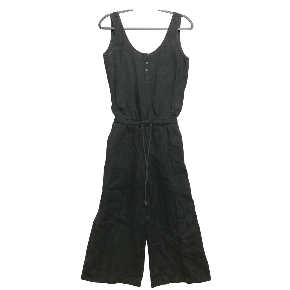 Cloth & Stone Jumpsuit Womens XS Black Sleeveless Wide Leg Henley Linen Blend